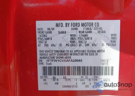 2010 Ford F-150 Fx2 Sport/Harley-Davidson/King Ranch/Lariat/Platinum/Xl/Xlt from USA, damaged, VIN 1FTFW1CVXAFA25685